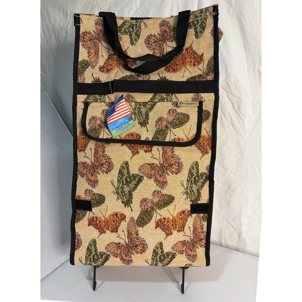 Vintage Bovano USA Butterfly Tapestry Folding Rolling Shopping Bag Tote Collapse